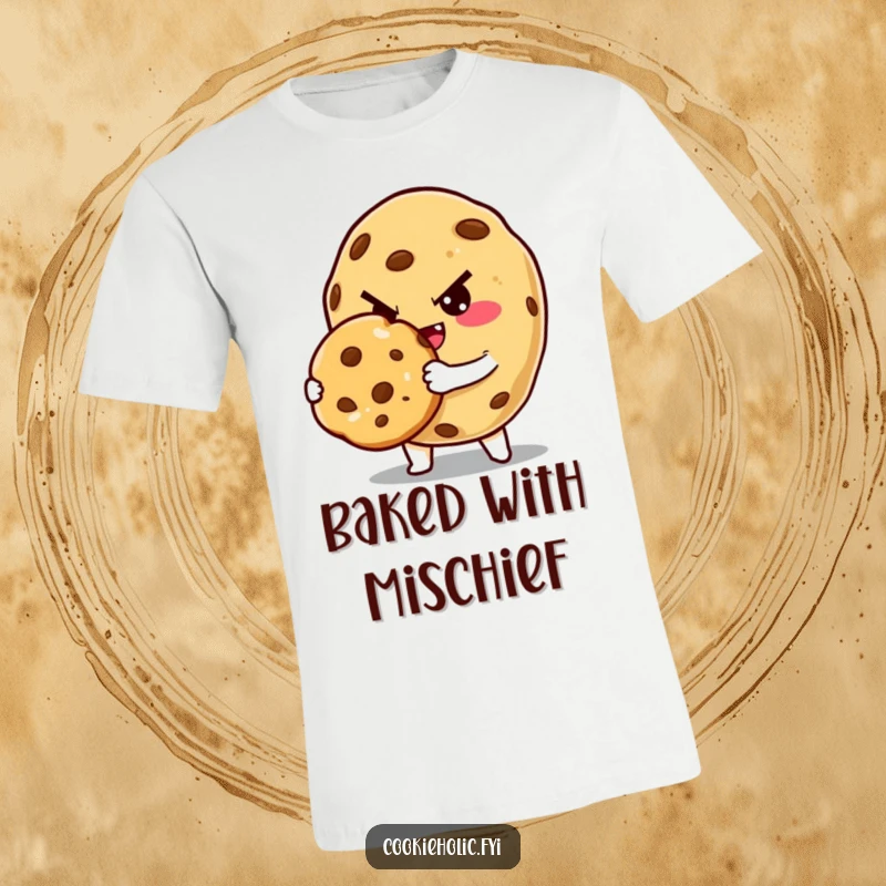 Funny T-Shirt: A cookie with a sly grin and a wink offers a freshly baked cookie. Eat me, it says humorously. Hilarious apparel.