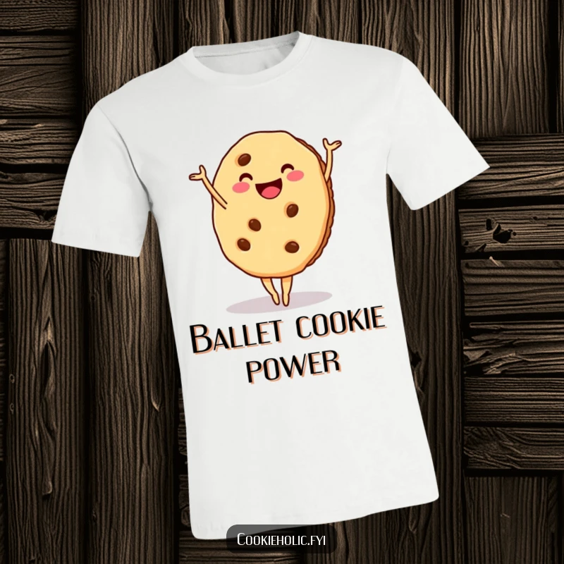 Funny cookie t-shirt, a cookie with a wide smile attempting a graceful ballet pose, showcasing its dance moves.