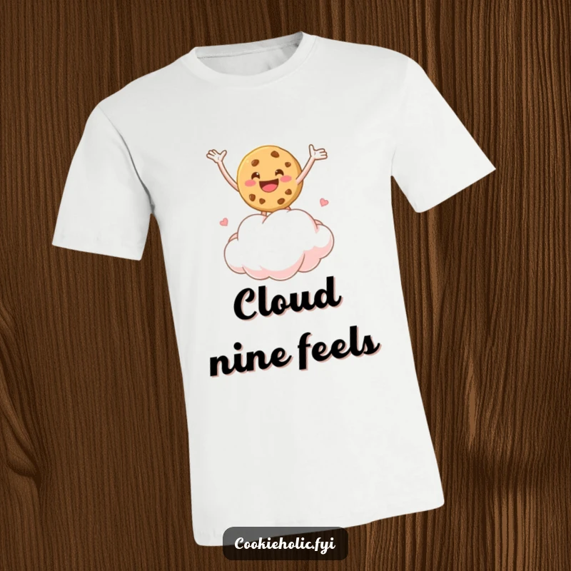 Funny t-shirt showing a cookie character gleefully bouncing on a marshmallow cloud, embodying pure, unadulterated joy.
