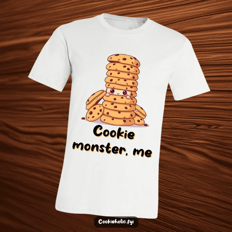 Funny cookie character peeking from a towering stack of cookies on a comfortable t-shirt.