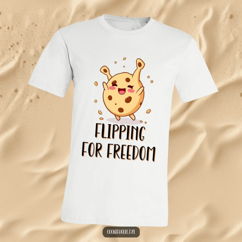 Funny t-shirt: A round cookie character joyfully performs a somersault with crumbs scattering, embodying playful energy.