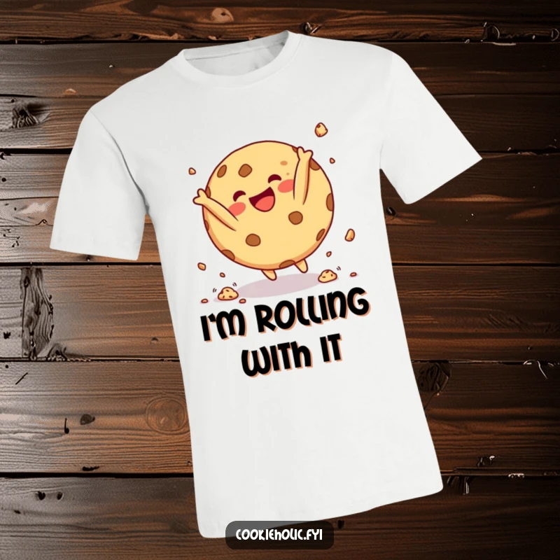 Funny T-Shirt with a round cookie character doing a happy somersault, with crumbs flying, embodying playful energy and fun.