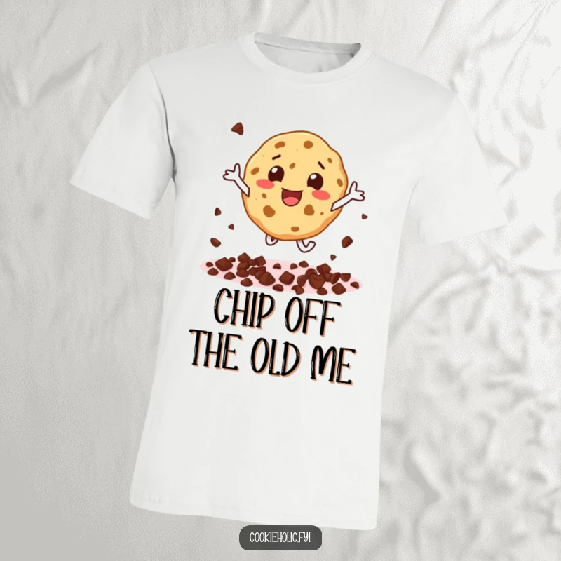 Funny t-shirt illustrating a gleeful cookie character joyfully leaping and showering tiny chocolate chips everywhere.