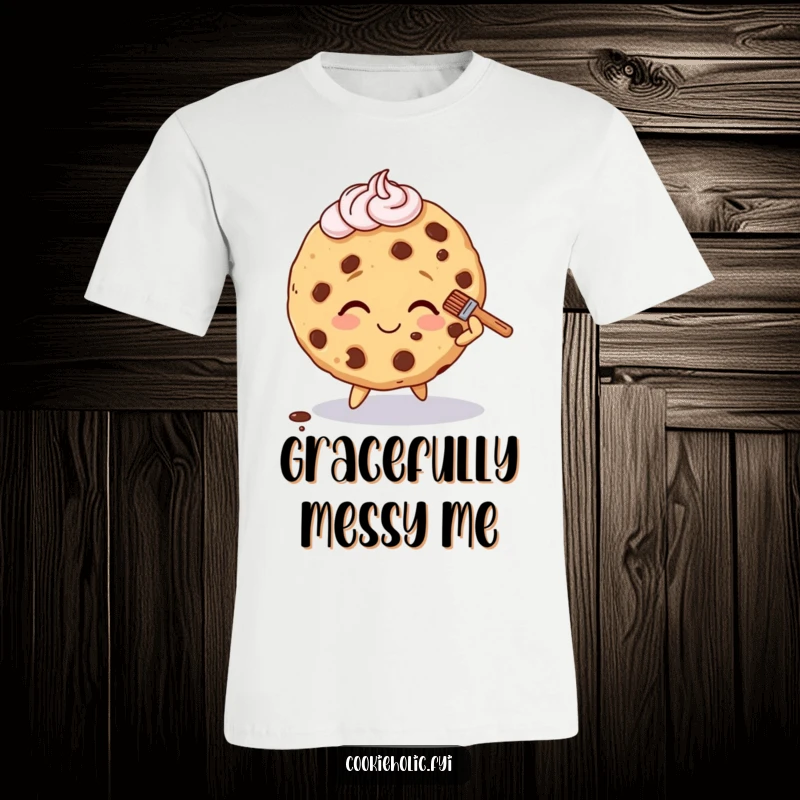 Funny t-shirt illustrating a cookie character tripping slightly but smiling, humorously brushing off frosting.