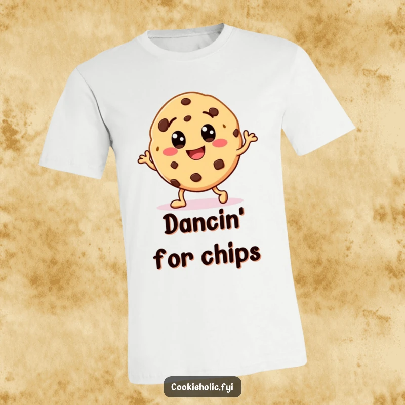Funny t-shirt showcasing a smiling cookie character with chocolate chip eyes, enthusiastically doing a happy dance.