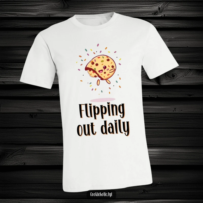 Funny T-Shirt: A cookie performs an impressive aerial flip, with a vibrant burst of sprinkles flying outwards, highlighting fun.
