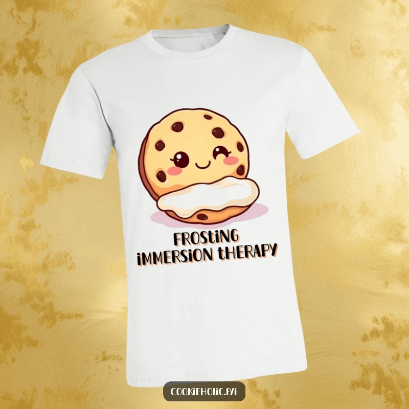 Funny cookie frosting dunk t-shirt featuring a cookie with a wide grin dunking itself into a pool of frosting.