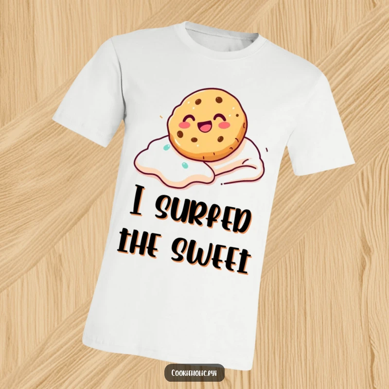 Funny T-Shirt featuring a cookie sliding down a frosting slope with immense glee, conveying pure happiness.