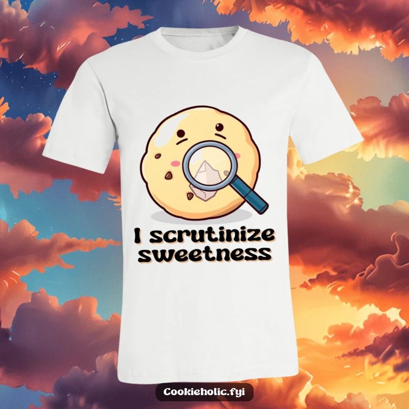 Funny T-Shirt showing a cookie with a magnifying glass, intensely examining a sugar crystal with a curious expression.