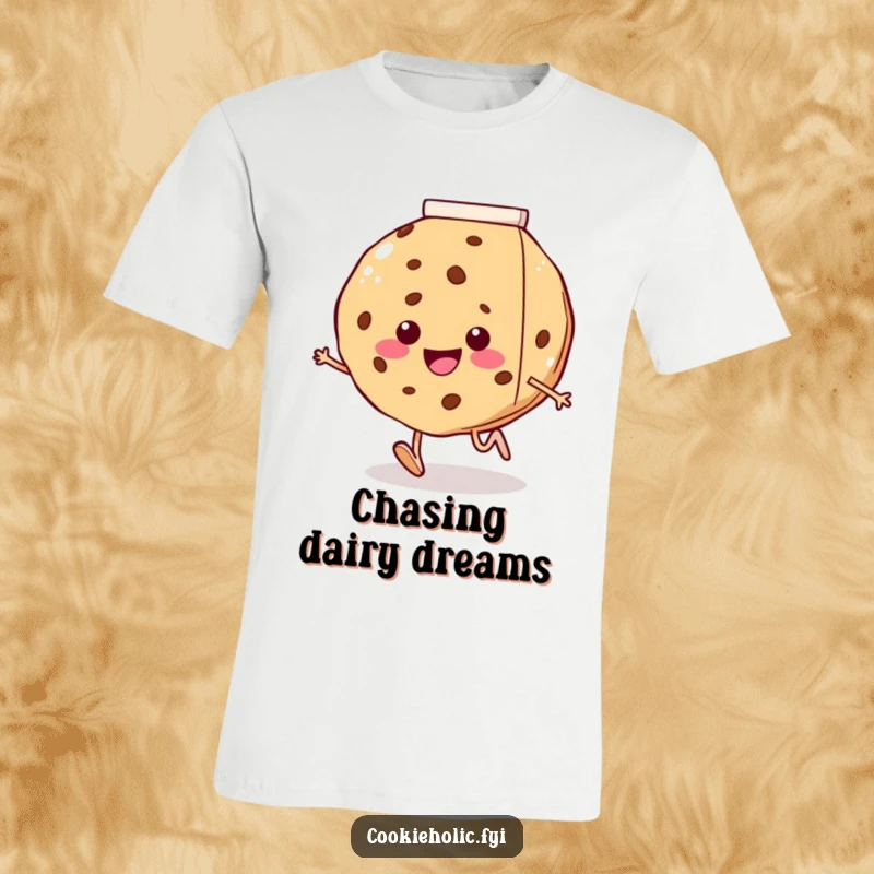 Funny t-shirt depicting a smiling cookie with tiny legs joyfully running towards a colossal milk carton, a sweet and humorous chase.