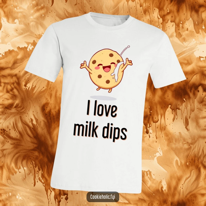 Funny cheerful cookie t-shirt, capturing a cookie leaping with delight after dunking in milk, perfect for casual and humorous wear.