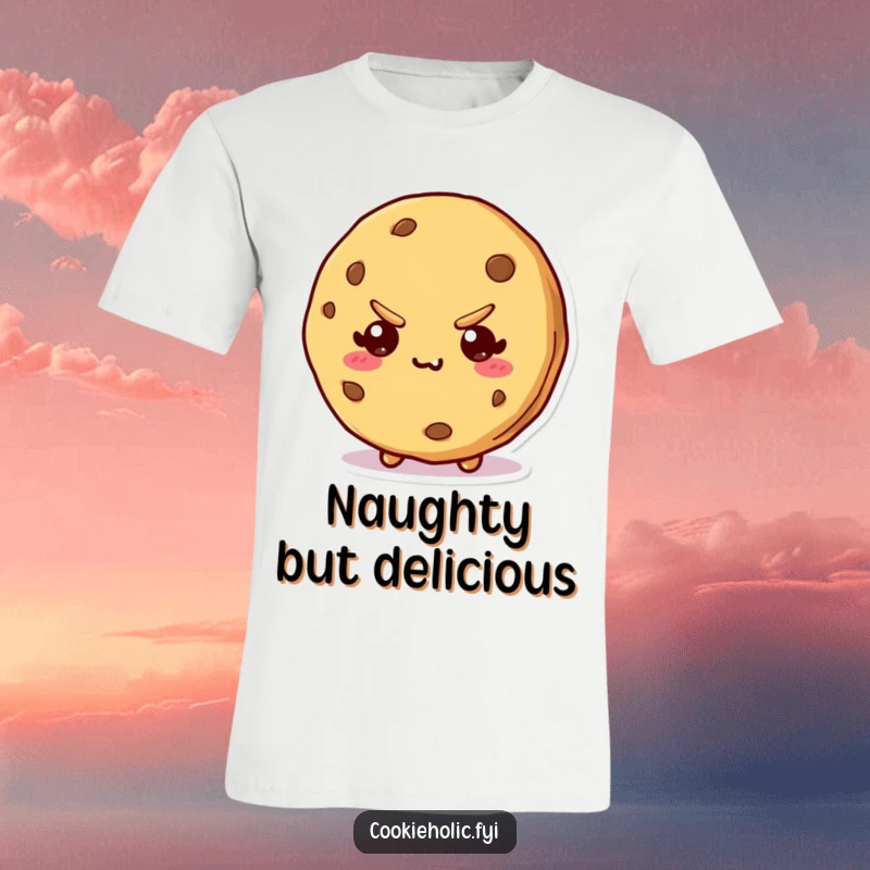 Funny t-shirt displaying a kawaii cookie character with a bite taken out and a mischievous, knowing expression.