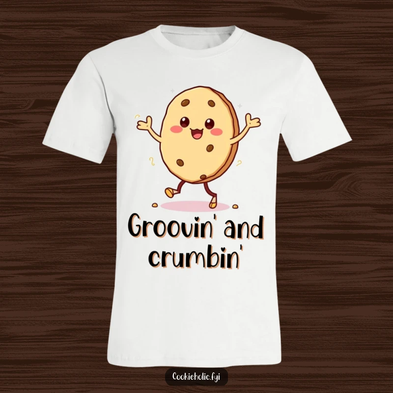 Funny t-shirt showing a kawaii cookie character performing a silly dance with crumbs scattering from its feet.
