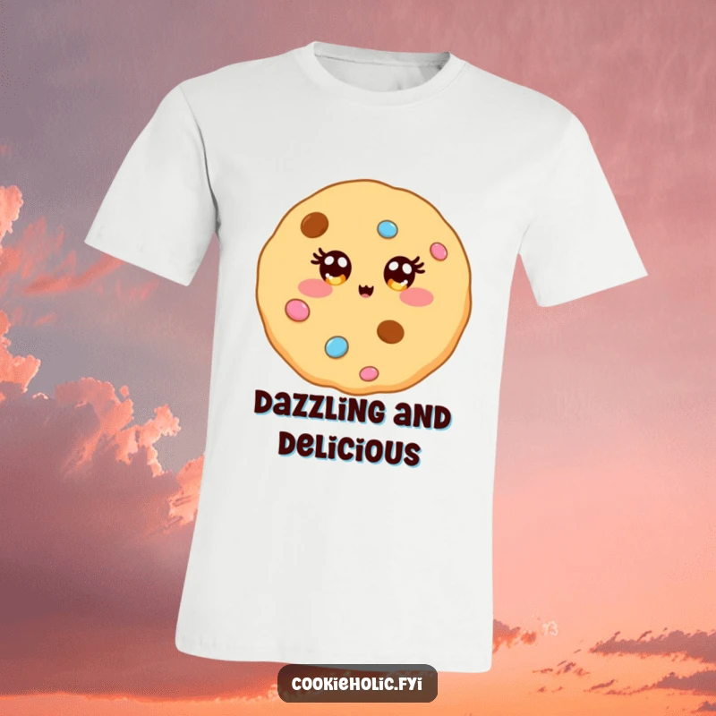 Funny t-shirt displaying a kawaii cookie character with eyes that glitter and shine like festive candy decorations.