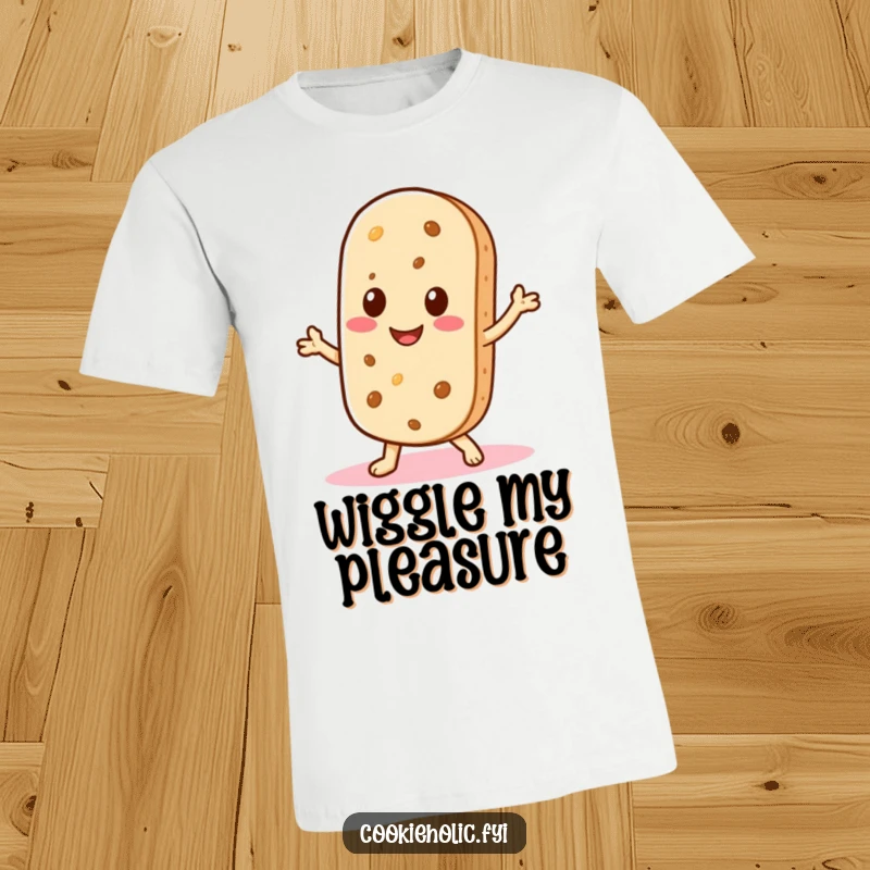 Funny T-shirt with a Kawaii wafer cookie character smiling and doing a little shimmy, depicting playful energy and fun.