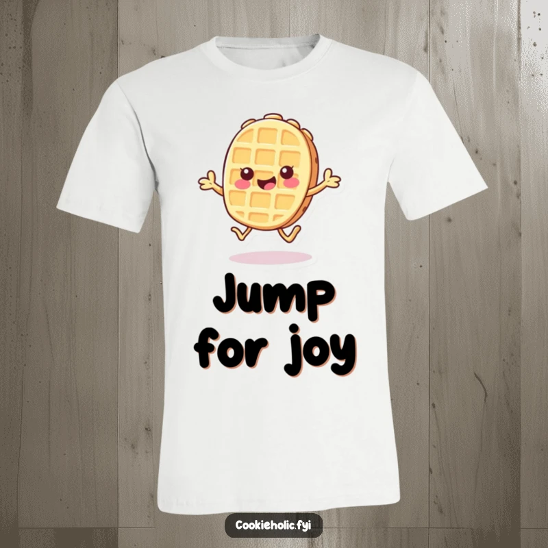 Funny T-shirt with a Kawaii waffle cookie character doing a cheerful hop, depicting playful energy and happiness.