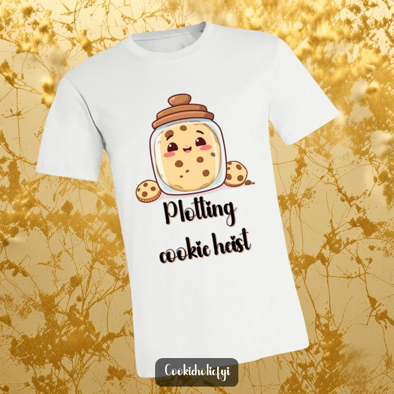 Funny t-shirt featuring a cookie with a mischievous grin peeking from behind a cookie jar, capturing a playful and sneaky character.