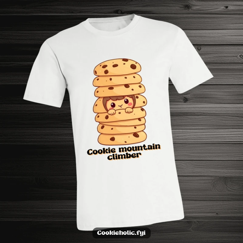 Funny cookie character peeking from behind a towering stack of cookies on a graphic t-shirt.