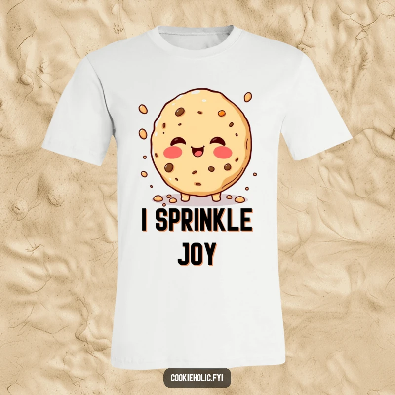 Funny rosy-cheeked cookie t-shirt, showing a cookie joyfully sprinkling crumbs, perfect for casual wear and spreading cheer.
