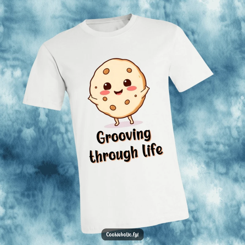 Funny happy cookie doing a little shimmy, depicted on a comfortable t-shirt for a playful and humorous look.