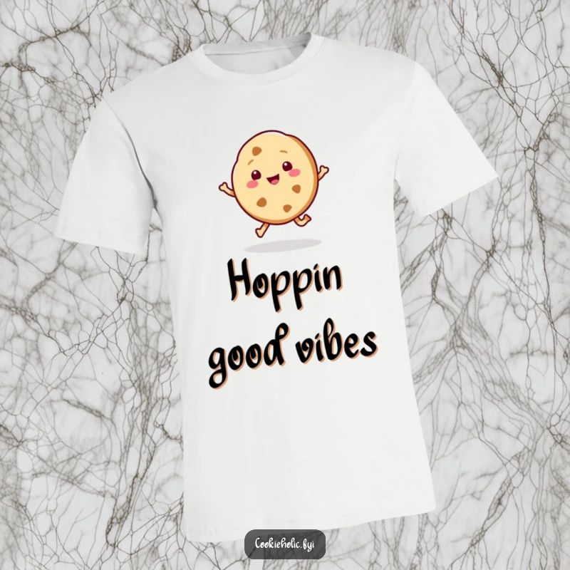 Funny graphic t-shirt with a kawaii cookie character captured in a happy little hop, symbolizing pure, sweet delight.