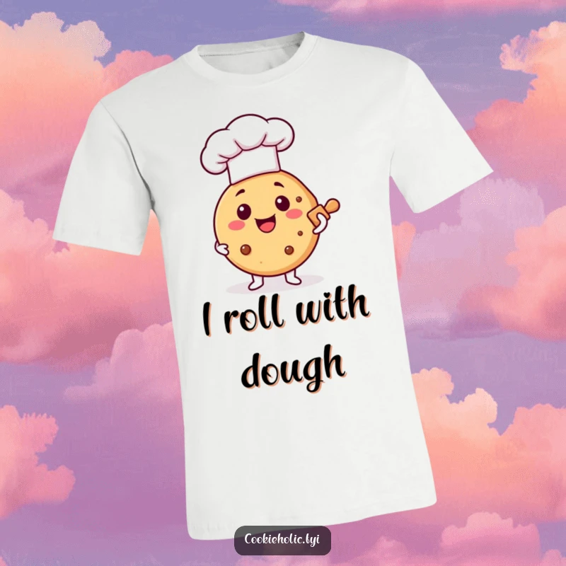 Funny t-shirt with a happy cookie chef holding a rolling pin, highlighting a love for baking and sweet fun, ideal present.