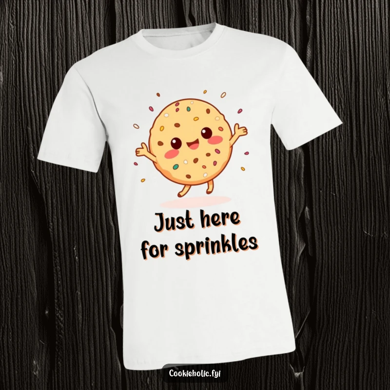 Funny T-Shirt: A joyful Kawaii cookie character performs a happy dance, joyfully scattering sprinkles with glee.