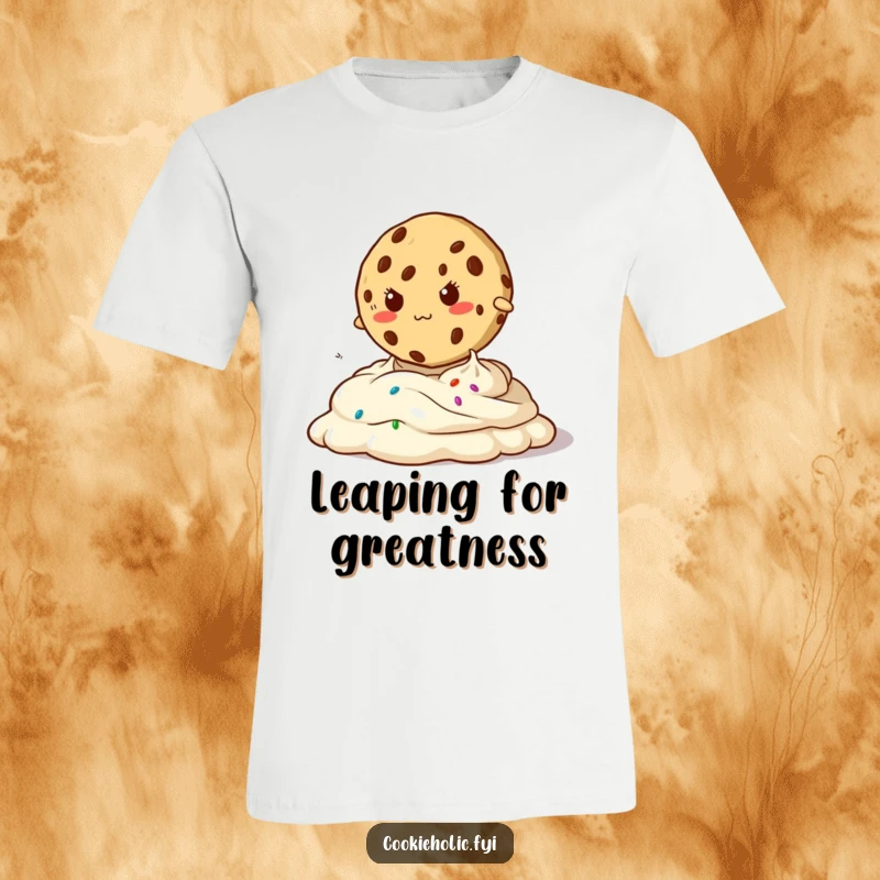 Funny t-shirt of a determined cookie leaping over oozy frosting, showcasing a hilarious and inspiring message of effort.