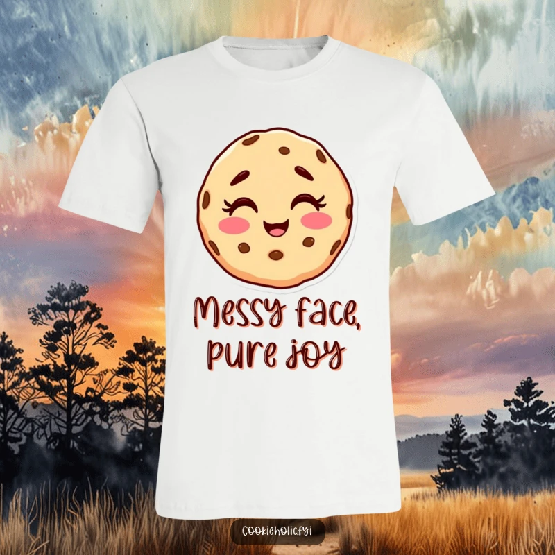 Funny t-shirt with a cookie character sporting a happy, slightly messy face and a contagious giggle.