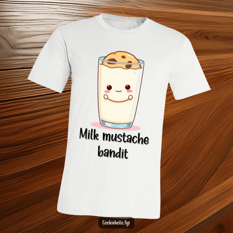 Funny cookie peek t-shirt showing a mischievous cookie hiding behind an oversized glass of milk with a grin.