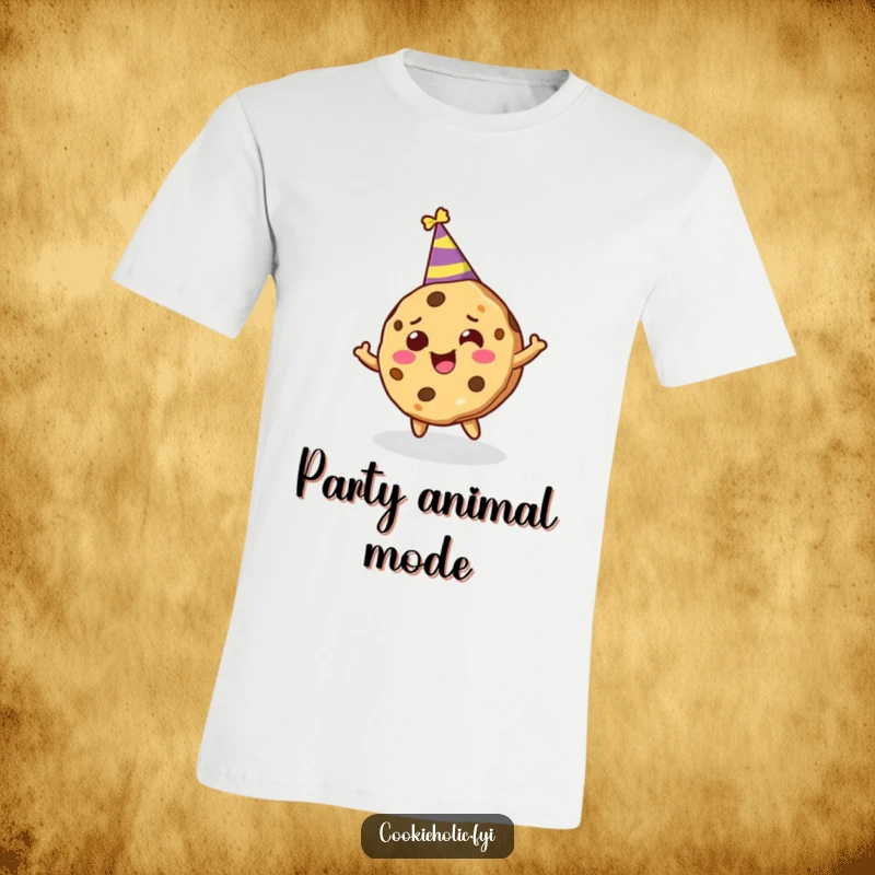 Funny t-shirt illustrating a cookie character in a party hat, joyfully spinning around with infectious enthusiasm.