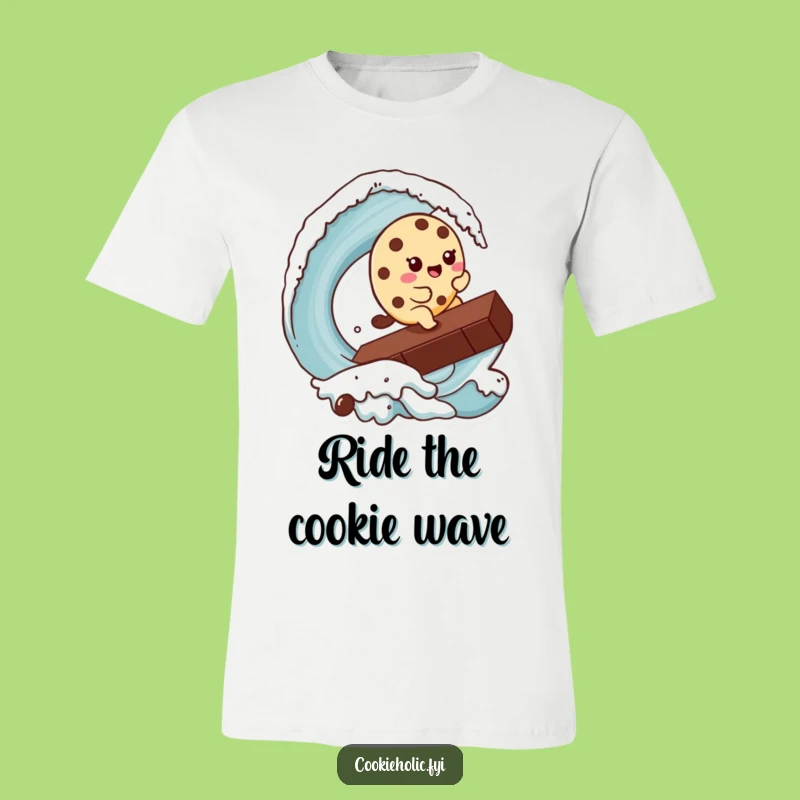 Funny Kawaii Cookie Surfer T-Shirt: Hilarious Cookie Character Riding Chocolate Chip Wave Tee