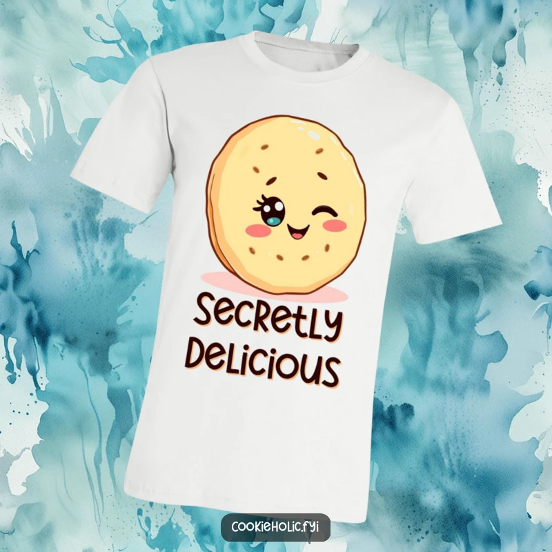 Funny T-shirt with a Kawaii shortbread cookie character winking with a sprinkle eye, depicting playful charm and sweetness.