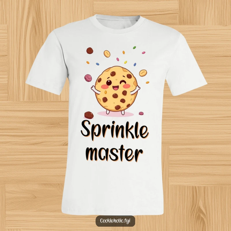 Funny t-shirt depicting a giggling chocolate chip cookie artfully juggling miniature candy sprinkles, full of delightful energy.