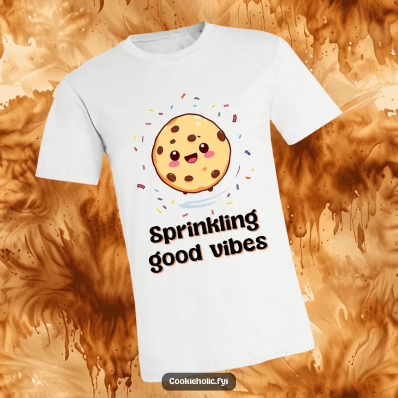 Funny t-shirt showcasing a cookie character in a happy spin with sprinkles flying everywhere, embodying pure dessert joy, a humorous and wearable treat.