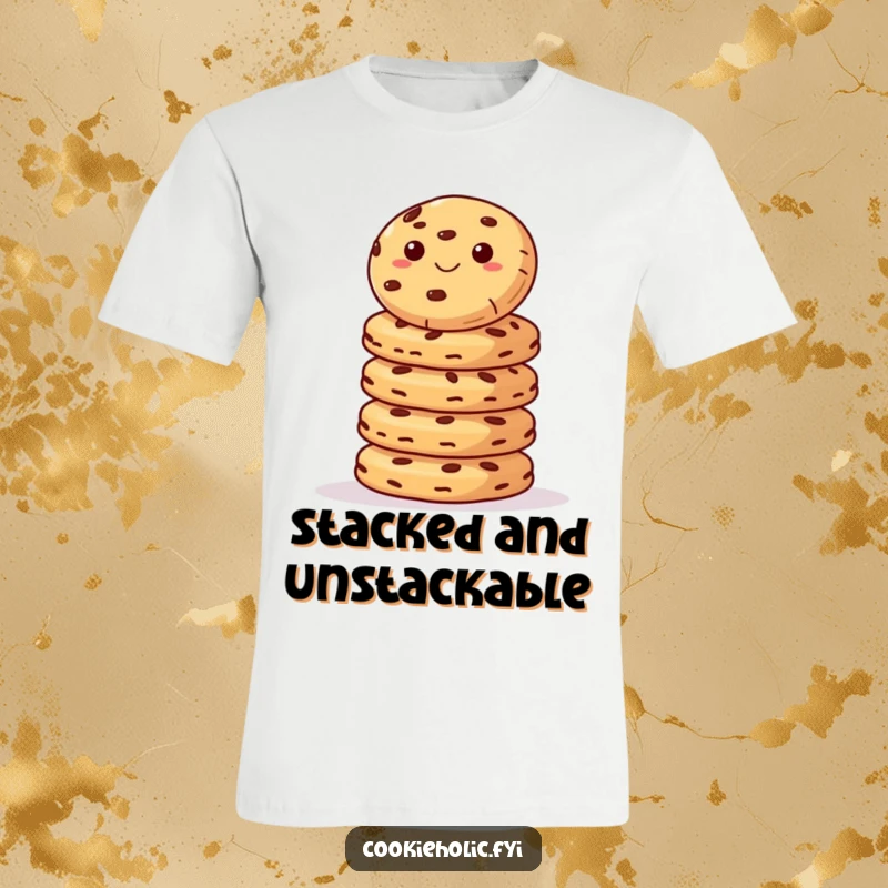 Funny T-Shirt: A cookie masterfully balances on a towering stack of cookies, demonstrating sweet physics and humor.
