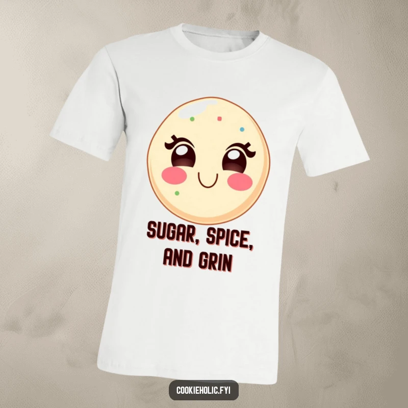 Funny graphic t-shirt with a kawaii sugar cookie character sporting a wide, delighted grin, symbolizing pure, sweet joy.