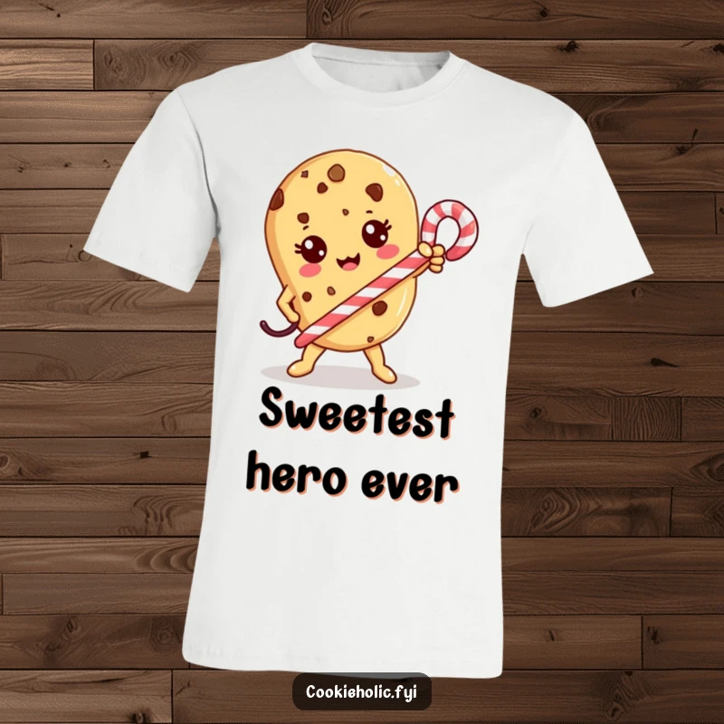 Funny T-Shirt: A Kawaii cookie character stands heroically, brandishing a candy cane with a determined expression.