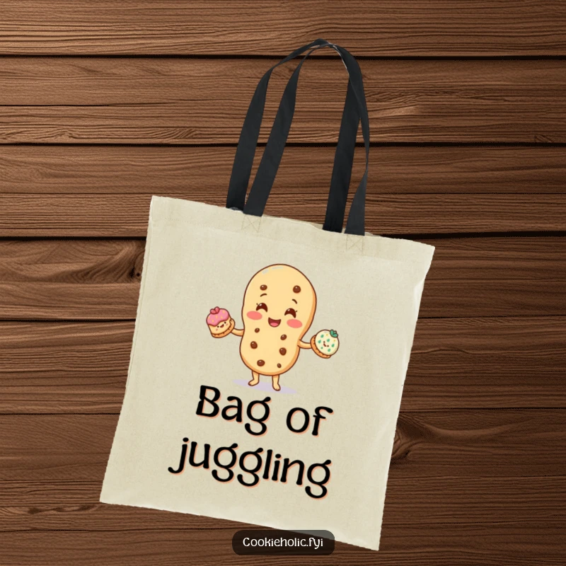 Funny tote bag: A smiling cookie character skillfully juggles three smaller, decorated cookies, embodying balance and talent.