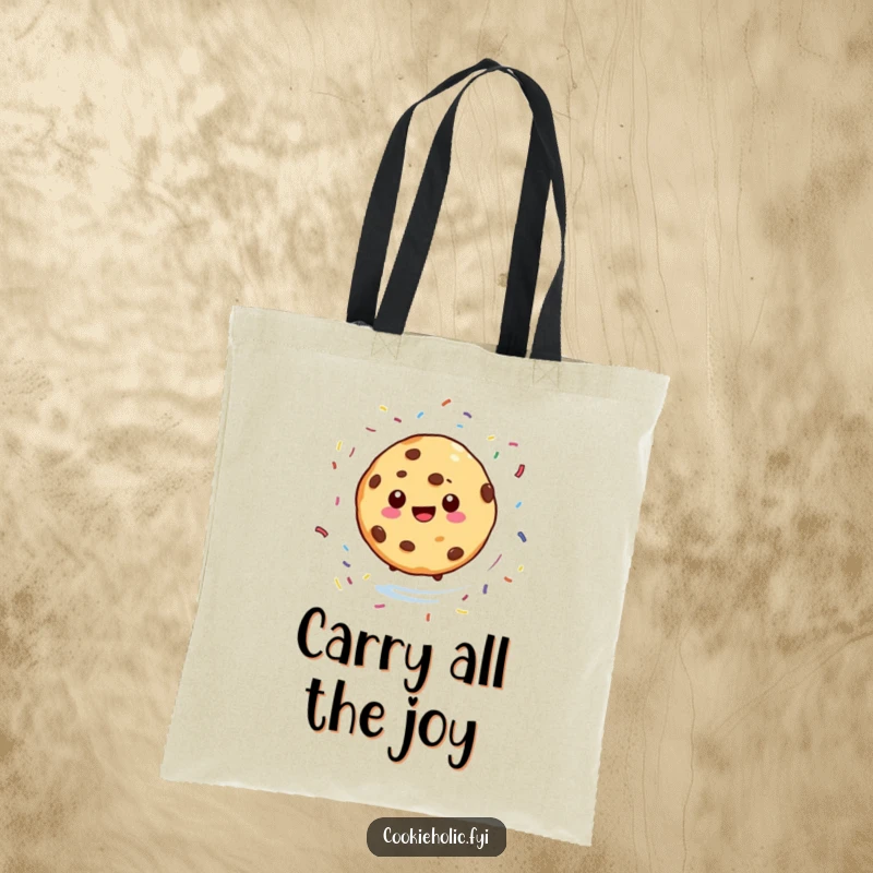 Funny tote bag depicting a cookie character spinning with sprinkles scattering around, a humorous and sweet accessory for carrying daily essentials.