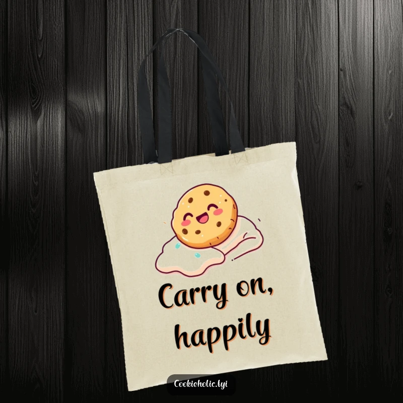 Funny Tote Bag with a cookie sliding down a frosting slope with glee, perfect for carrying essentials with personality.