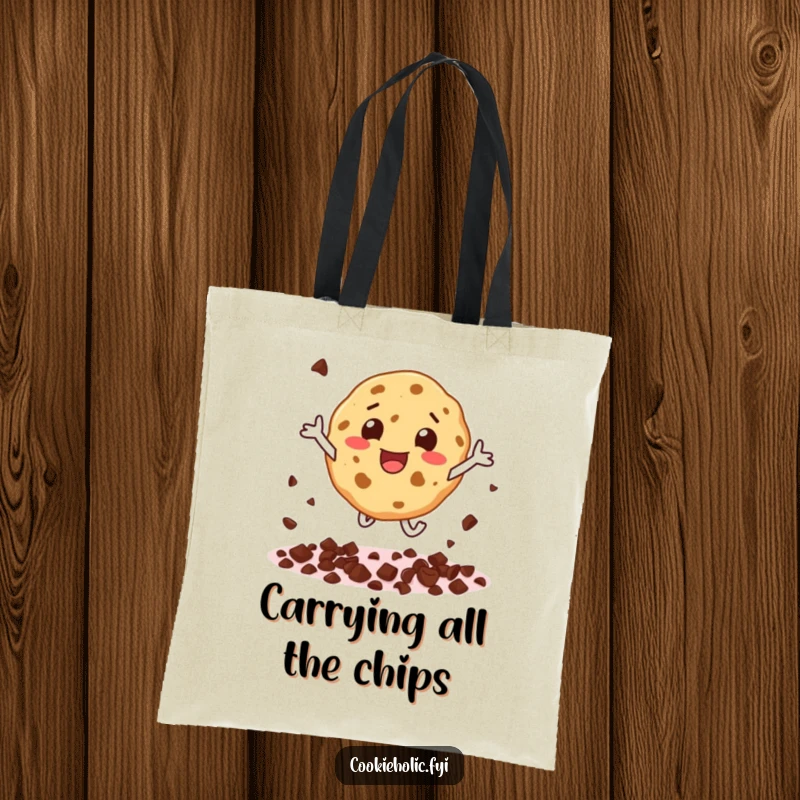 Funny tote bag depicting a cookie character in mid-air, joyfully scattering chocolate chips with ecstatic energy.