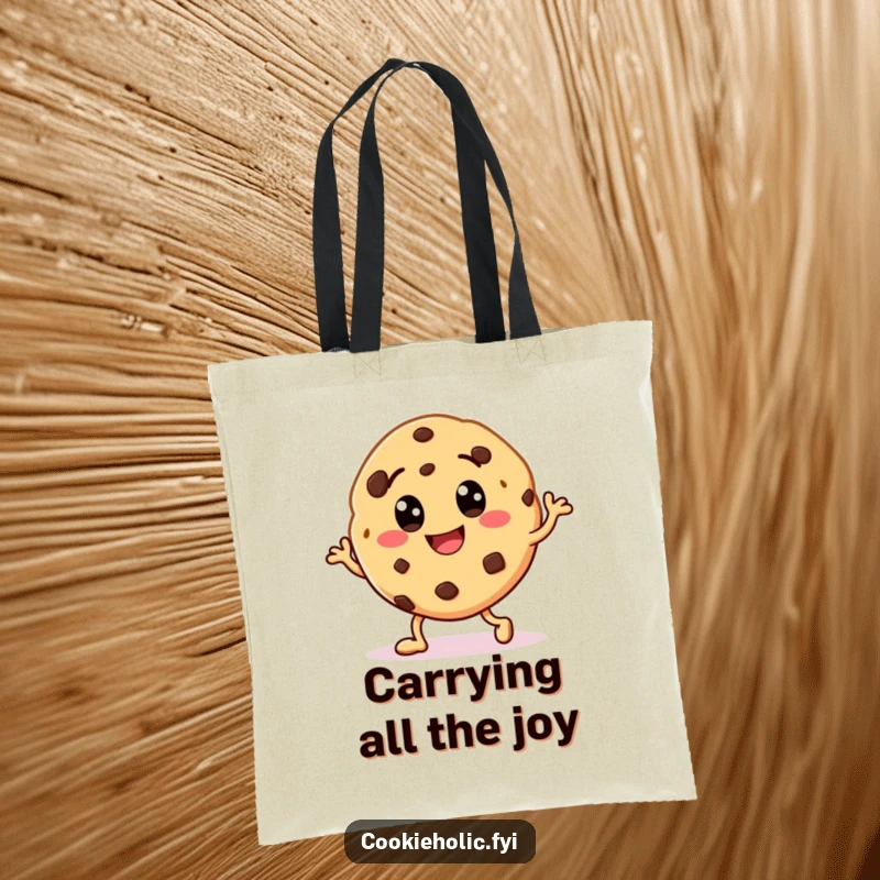 Funny tote bag adorned with a smiling cookie character with chocolate chip eyes, doing a jubilant happy dance.