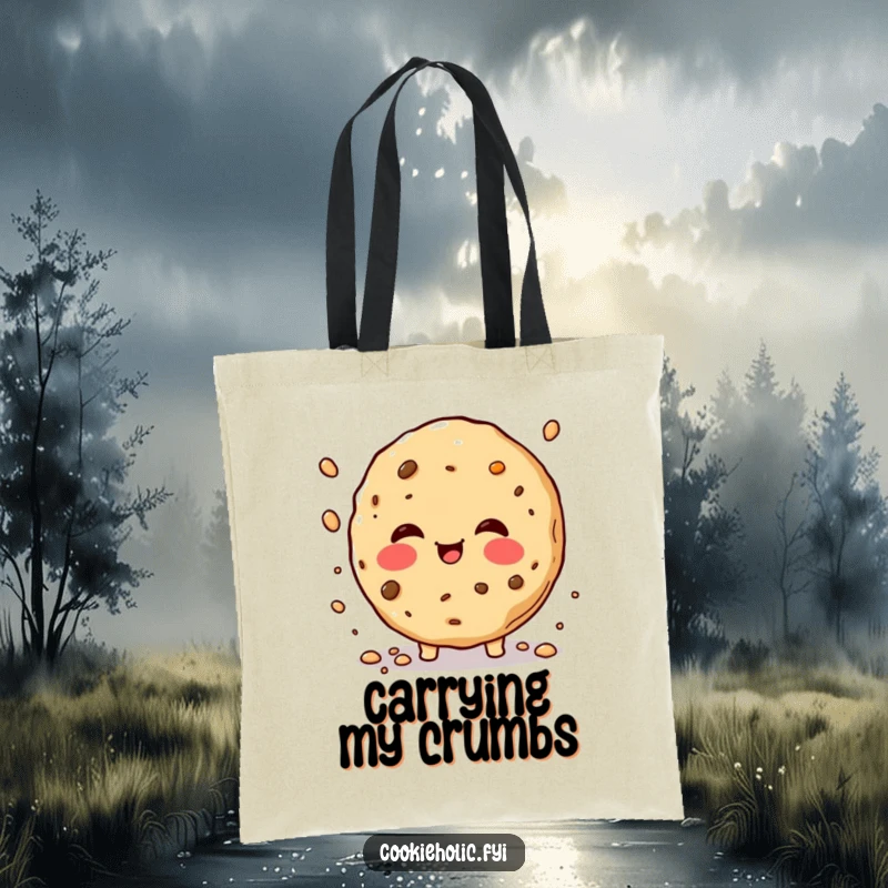Funny rosy-cheeked cookie tote bag, showing a cookie joyfully sprinkling crumbs, perfect for humorous and charming everyday use.