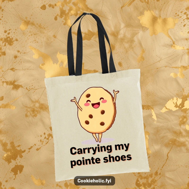 Funny cookie tote bag featuring a smiling cookie in a graceful ballet pose, perfect for carrying dance essentials.