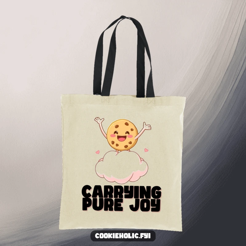 Funny tote bag with a cookie character joyfully bouncing on a marshmallow cloud, perfect for carrying essentials with glee.