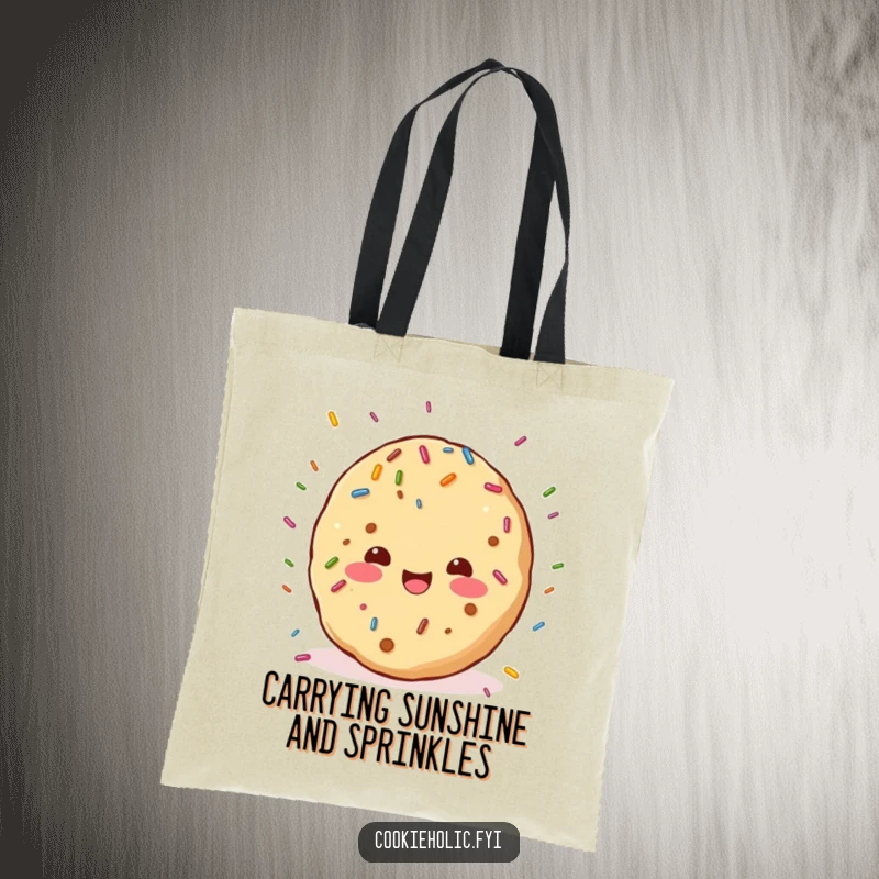 Funny tote bag featuring a kawaii cookie character joyfully embracing a cascade of colorful sprinkles, perfect for carrying smiles.