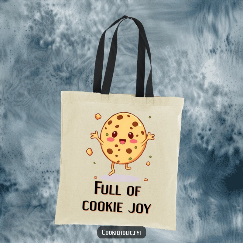Funny tote bag featuring a cookie character doing a comical jig with crumbs scattering all around.