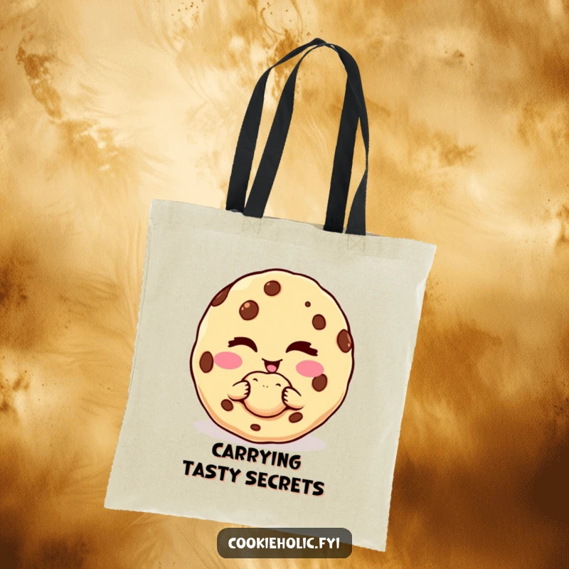 Funny tote bag illustrating a cookie character winking and offering a perfect, tempting bite with a friendly gesture.