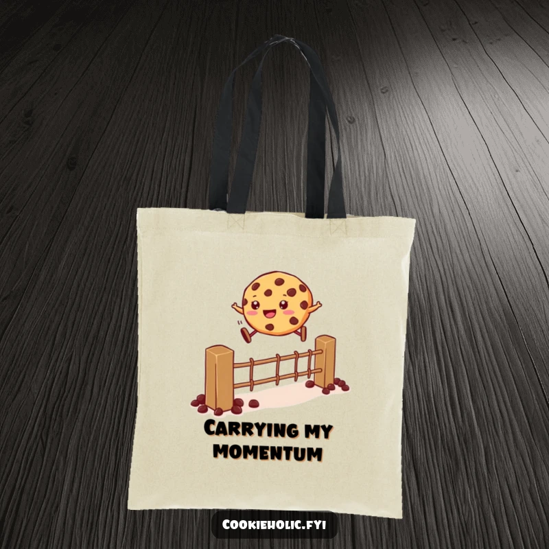 Funny Tote Bag: A cookie leaps enthusiastically over a fence made of chocolate chips, symbolizing overcoming hurdles.